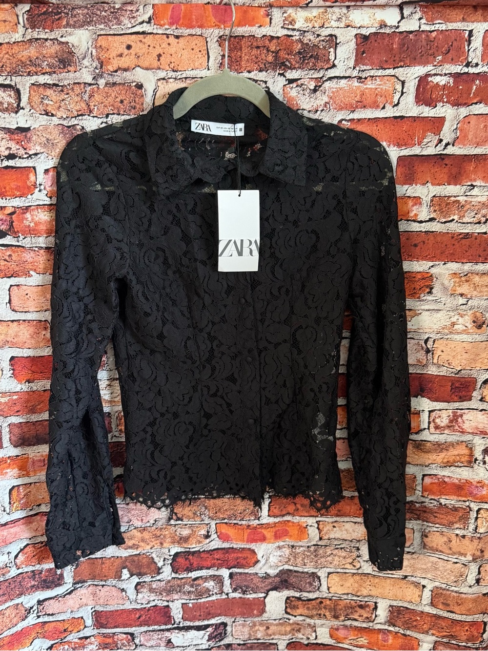 NWT Zara Women’s XS Black Floral Lace Collared Long Sleeve Sheer Blouse Top